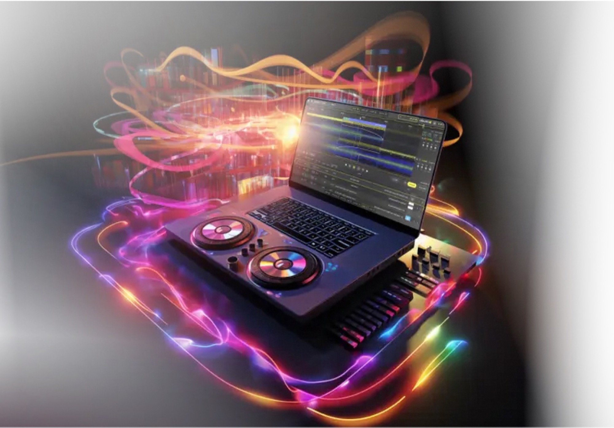 Illustration of a DJ laptop with colourful sound waves